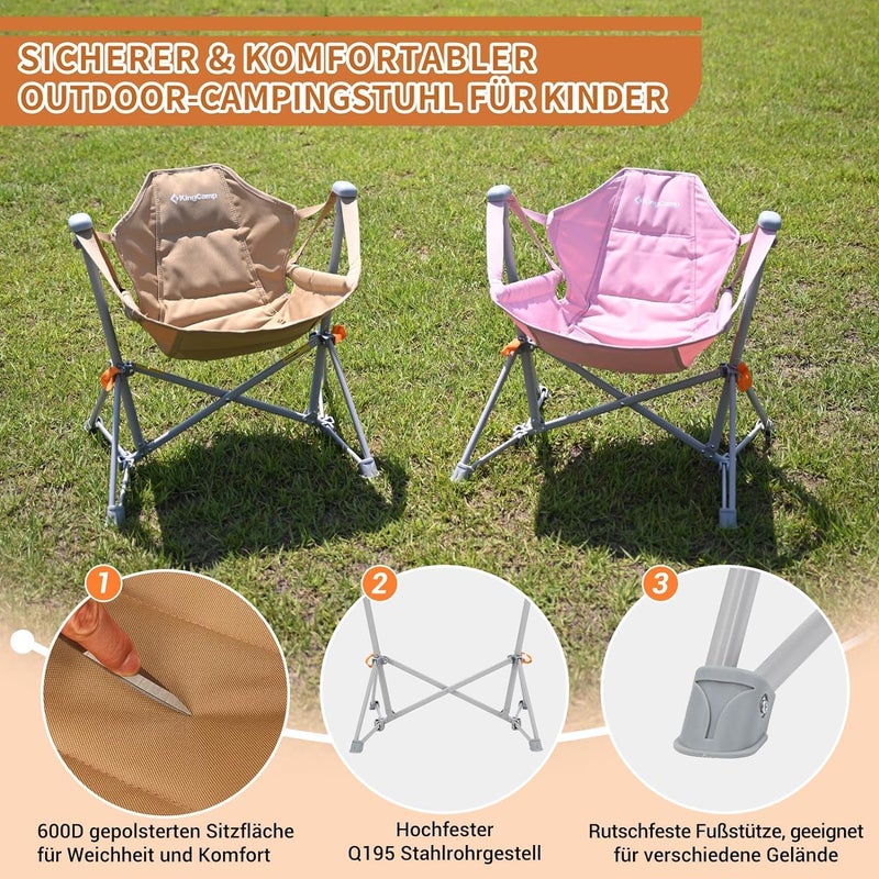 KingCamp Mini Camping Chair, Foldable Hanging Chair, Adjustable Back Rocking Chair, Camping Chair with Cushion, Drink Holder for Camp Travel, Garden, Beach, Safety & Comfort for Children, Khaki - Image 4