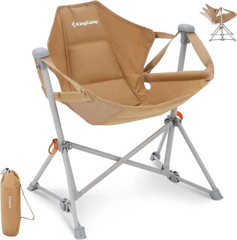KingCamp Mini Camping Chair, Foldable Hanging Chair, Adjustable Back Rocking Chair, Camping Chair with Cushion, Drink Holder for Camp Travel, Garden, Beach, Safety & Comfort for Children, Khaki - Image 1