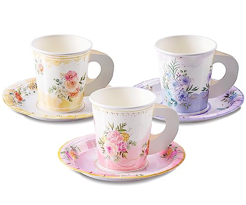 HOMIX 24 Paper Tea Cups and Plates, 7 OZ Disposable Paper Teacups and Saucer Sets for Hot and Cold Drinks for Birthday, Princess, Floral, Tea Party Decorations - Image 1