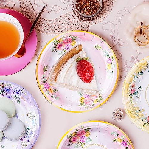 HOMIX 24 Paper Tea Cups and Plates, 7 OZ Disposable Paper Teacups and Saucer Sets for Hot and Cold Drinks for Birthday, Princess, Floral, Tea Party Decorations - Image 5