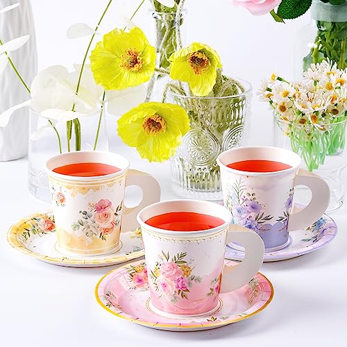 HOMIX 24 Paper Tea Cups and Plates, 7 OZ Disposable Paper Teacups and Saucer Sets for Hot and Cold Drinks for Birthday, Princess, Floral, Tea Party Decorations - Image 3