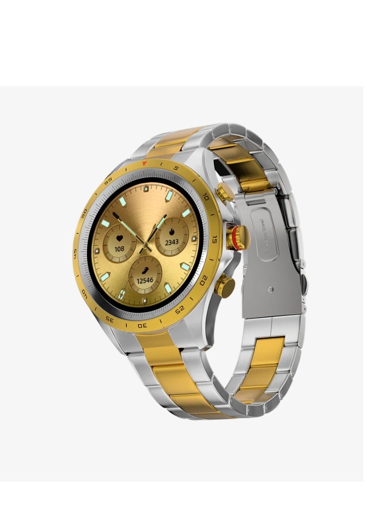 Fire-Boltt Solace BSW155 Luxury Stainless Steel Smart Watch – 1.32” HD Display, Bluetooth Calling & 360° Health Monitoring (Gold & Silver)