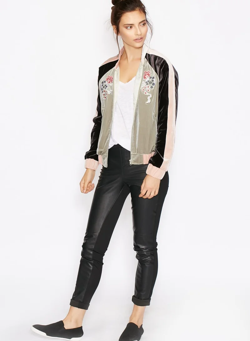 GLAMOROUS Embroidered Colourblock Velvet Bomber Jacket