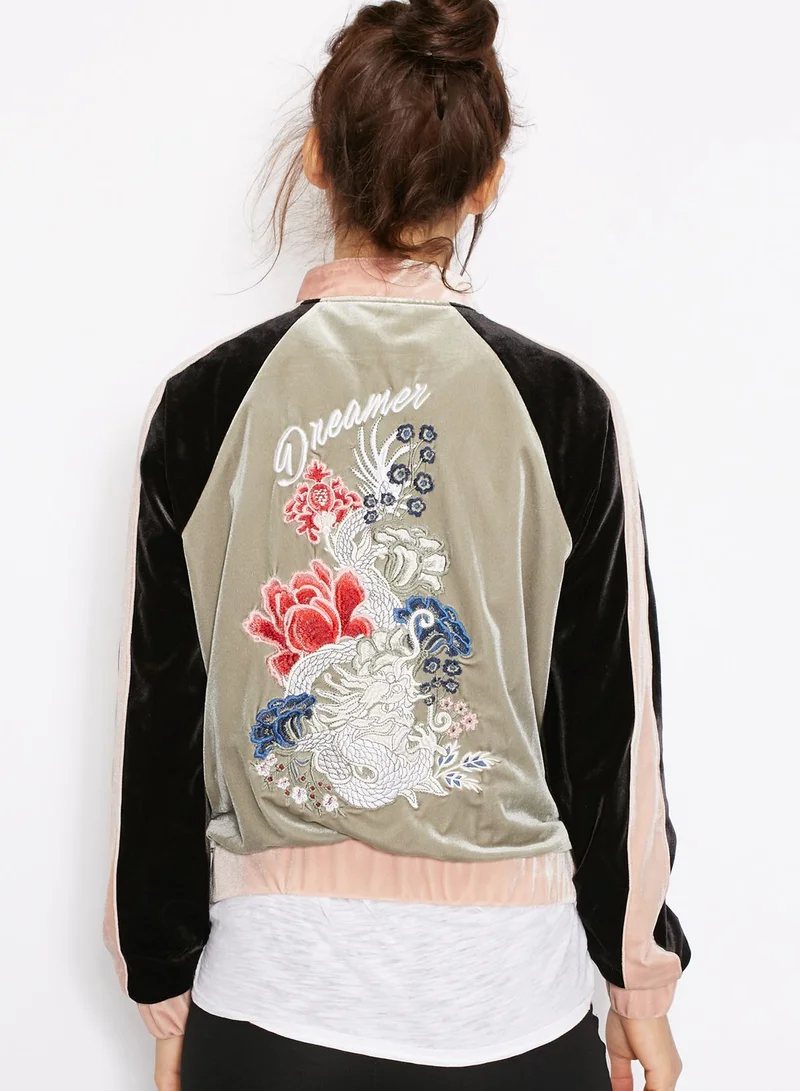 GLAMOROUS Embroidered Colourblock Velvet Bomber Jacket