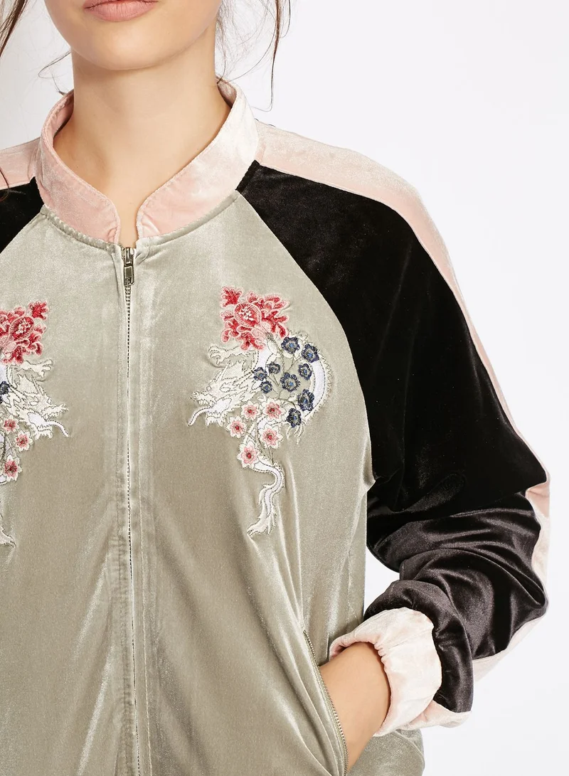 GLAMOROUS Embroidered Colourblock Velvet Bomber Jacket