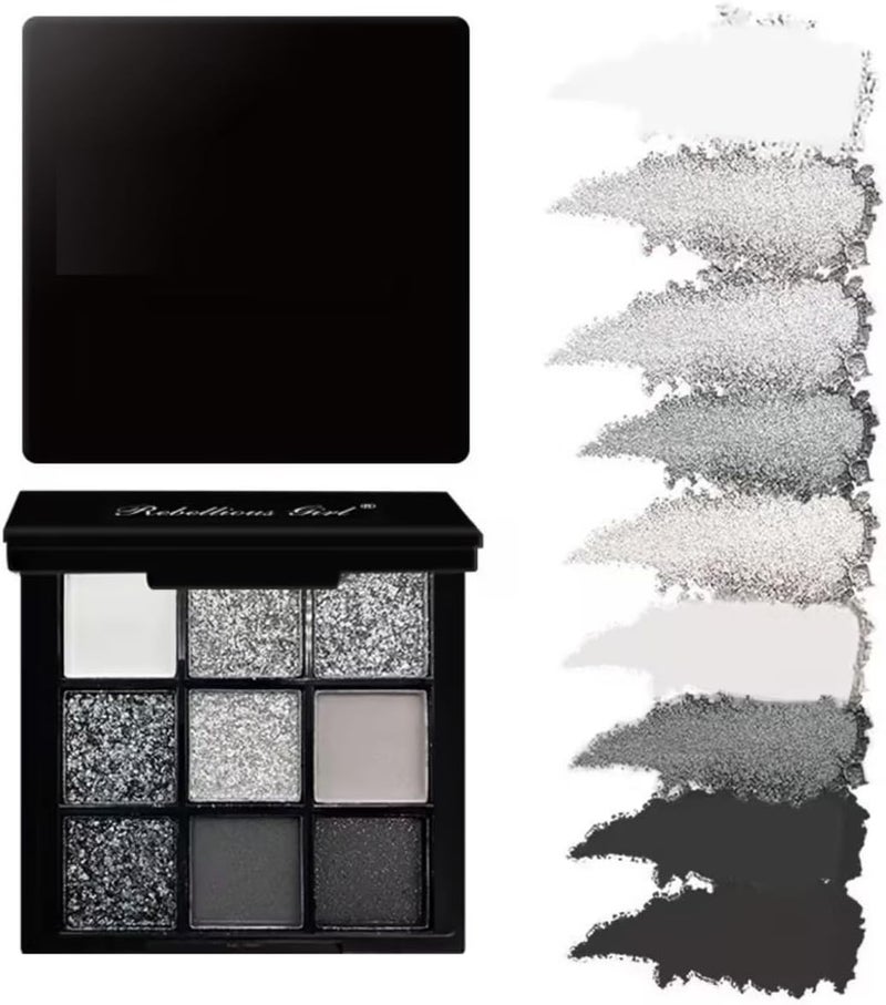 9 Colors Smoky Eyeshadow Palette Black Glitter Silver Gray Matte Shimmer Metallic Punk Pearlescent Highly Pigmented Smoky Makeup Eye shadow Palette with Mirror