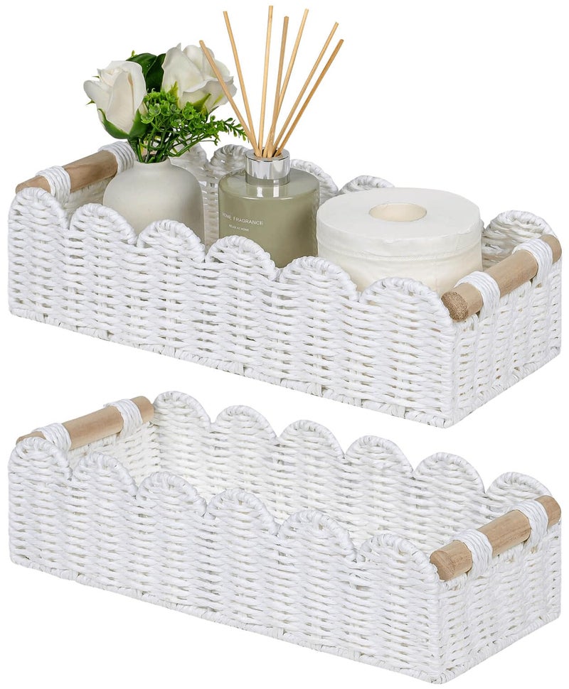 CubesLand Bathroom Basket Organizer, Toilet Tank Paper Storage Baskets 2-Pack, Scalloped Decorative Basket for Countertop w/Handle, Wicker Basket for Bathroom Decor, Home Decor, Living Room, White - Image 1
