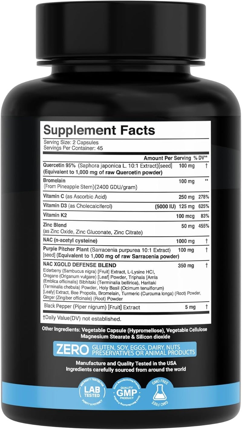 X Gold Health Quercetin Complex 1000mg  101 Quercetin with Premium Defense Blend  NAC Bromelain Zinc Vitamin C D3K2 Turmeric Elderberry  Antioxidant  Immune Support - Image 2