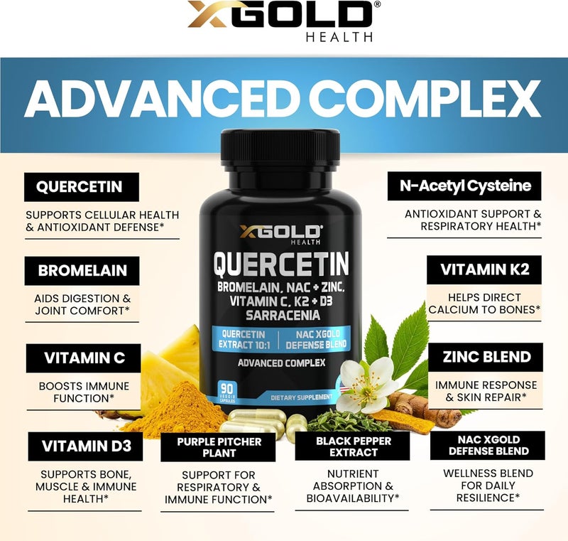 X Gold Health Quercetin Complex 1000mg  101 Quercetin with Premium Defense Blend  NAC Bromelain Zinc Vitamin C D3K2 Turmeric Elderberry  Antioxidant  Immune Support - Image 5