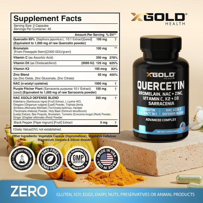 X Gold Health Quercetin Complex 1000mg  101 Quercetin with Premium Defense Blend  NAC Bromelain Zinc Vitamin C D3K2 Turmeric Elderberry  Antioxidant  Immune Support - Image 4