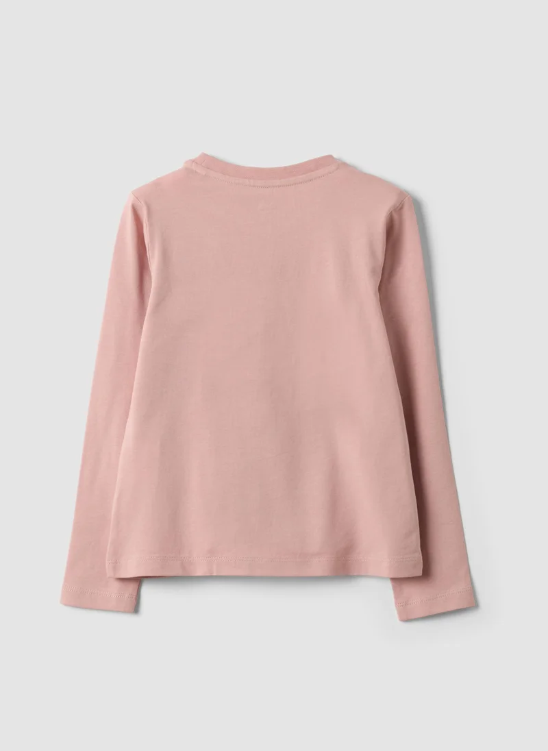 Ovs OVS Pink Stretch Cotton T-Shirt With Bow Embroidery For Girls