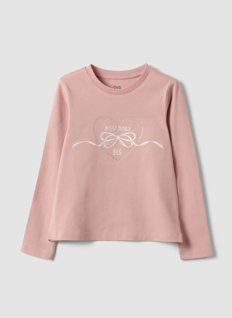 Ovs OVS Pink Stretch Cotton T-Shirt With Bow Embroidery For Girls
