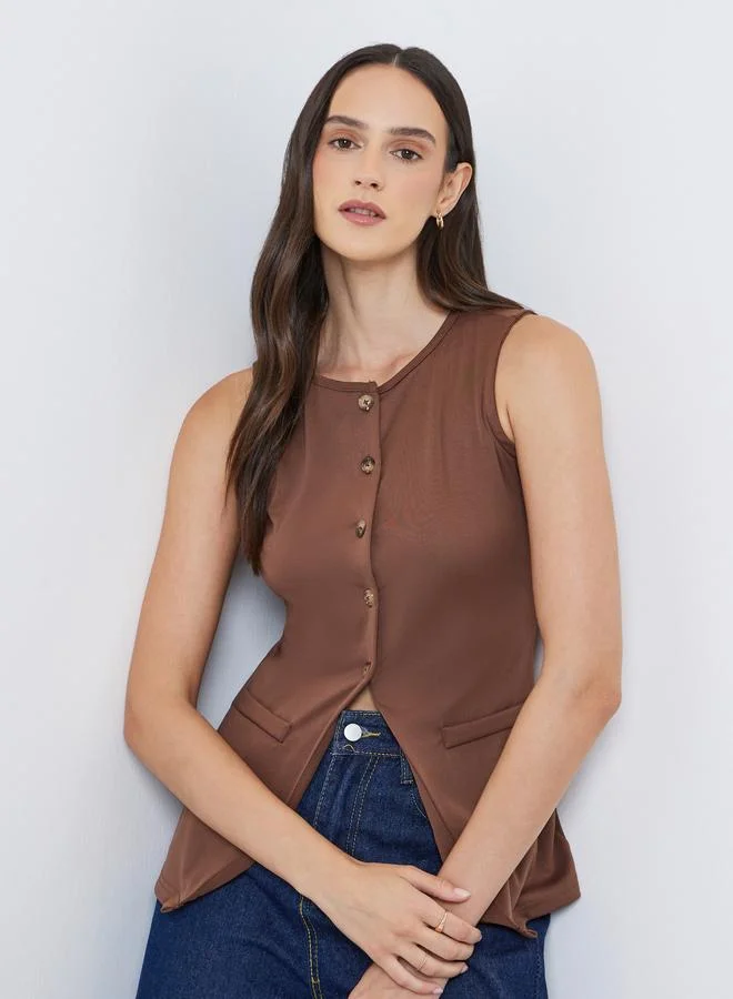 Styli Styli Brown Sleeveless Button-Down Vest Top