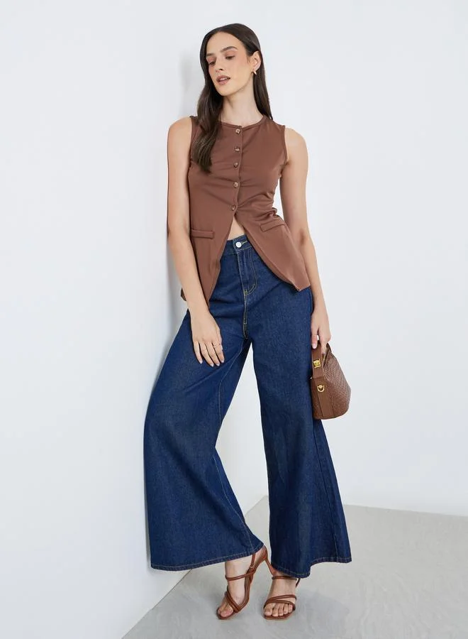 Styli Styli Brown Sleeveless Button-Down Vest Top