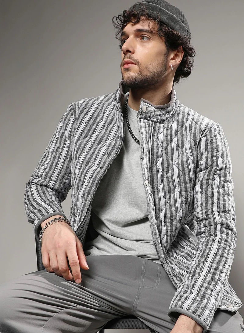 Campus Sutra Men's Moon Grey Striped-Jacquard Quilted Puffer Jacket