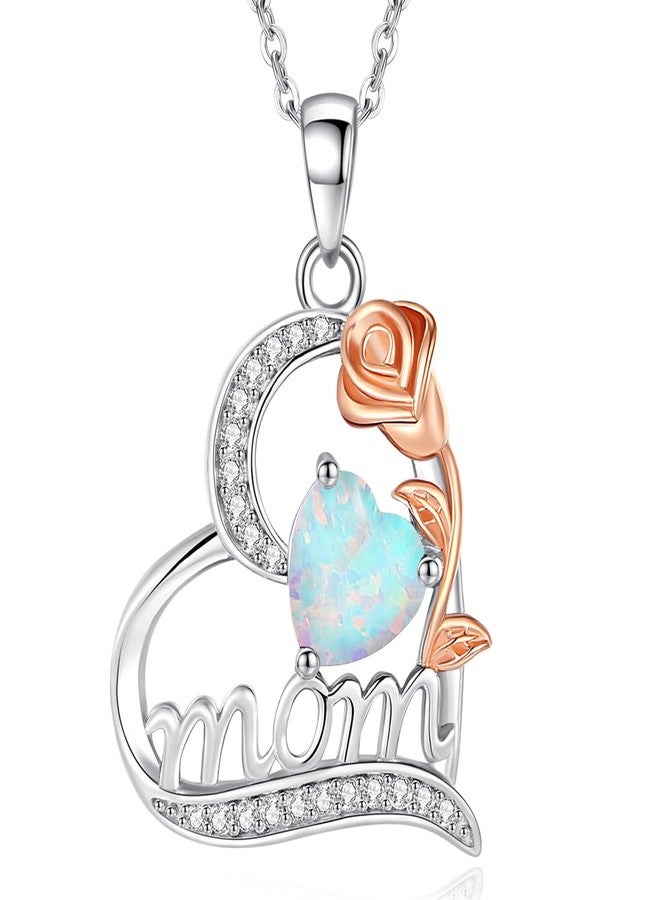 FANCIME Mom Birthstone Necklace for Women Opal Rose Heart Necklace I Love You Mom Gifts Mother's Day Gifts October Jewelry for Grandmother Women Wife, 16"+2" Inches - Image 1