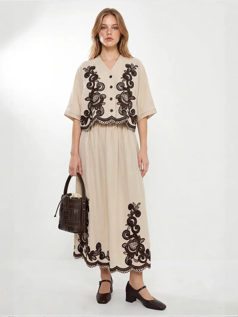LUCCI Oversized V-neck Embroidered 3/4 Sleeve Shirt and Wide Leg Pants Set