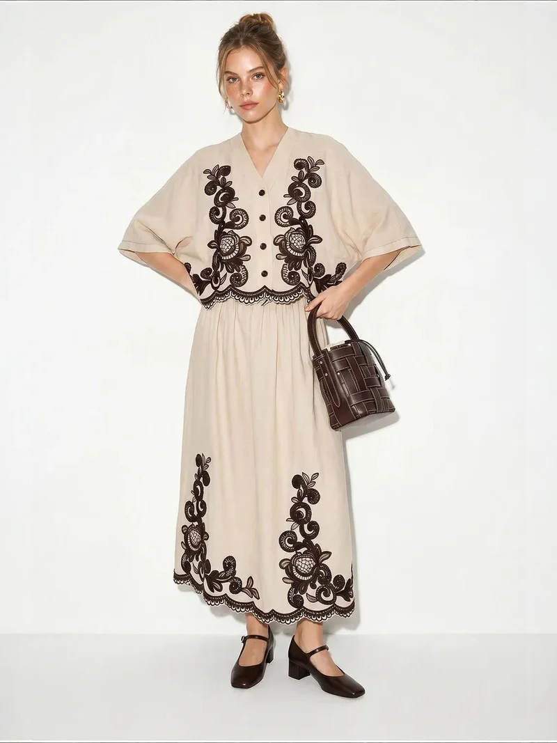 Bianco Lucci Beige Natural LUCCI Oversized V-neck Embroidered 3/4 Sleeve Shirt and Wide Leg Pants Set for Women | Best Price UAE
