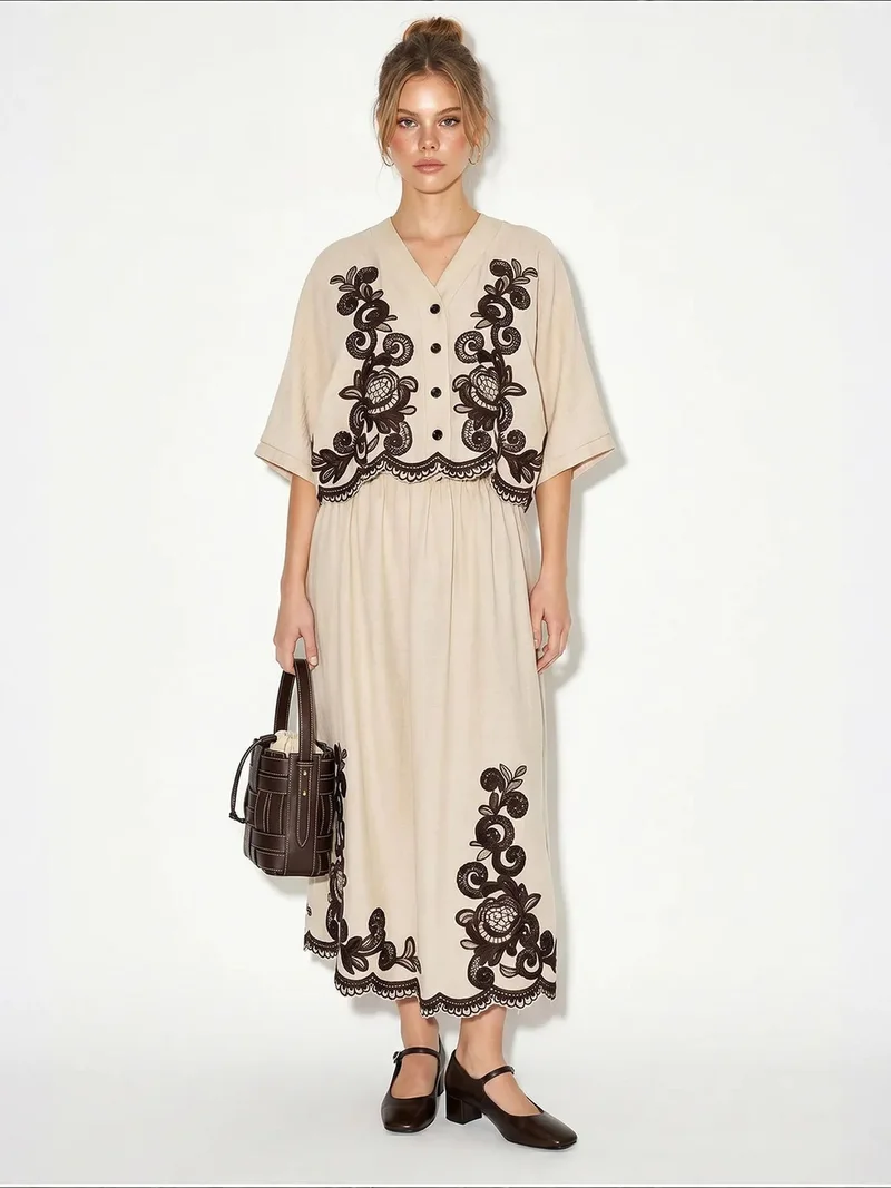 Bianco Lucci Beige Natural LUCCI Oversized V-neck Embroidered 3/4 Sleeve Shirt and Wide Leg Pants Set for Women | Best Price UAE