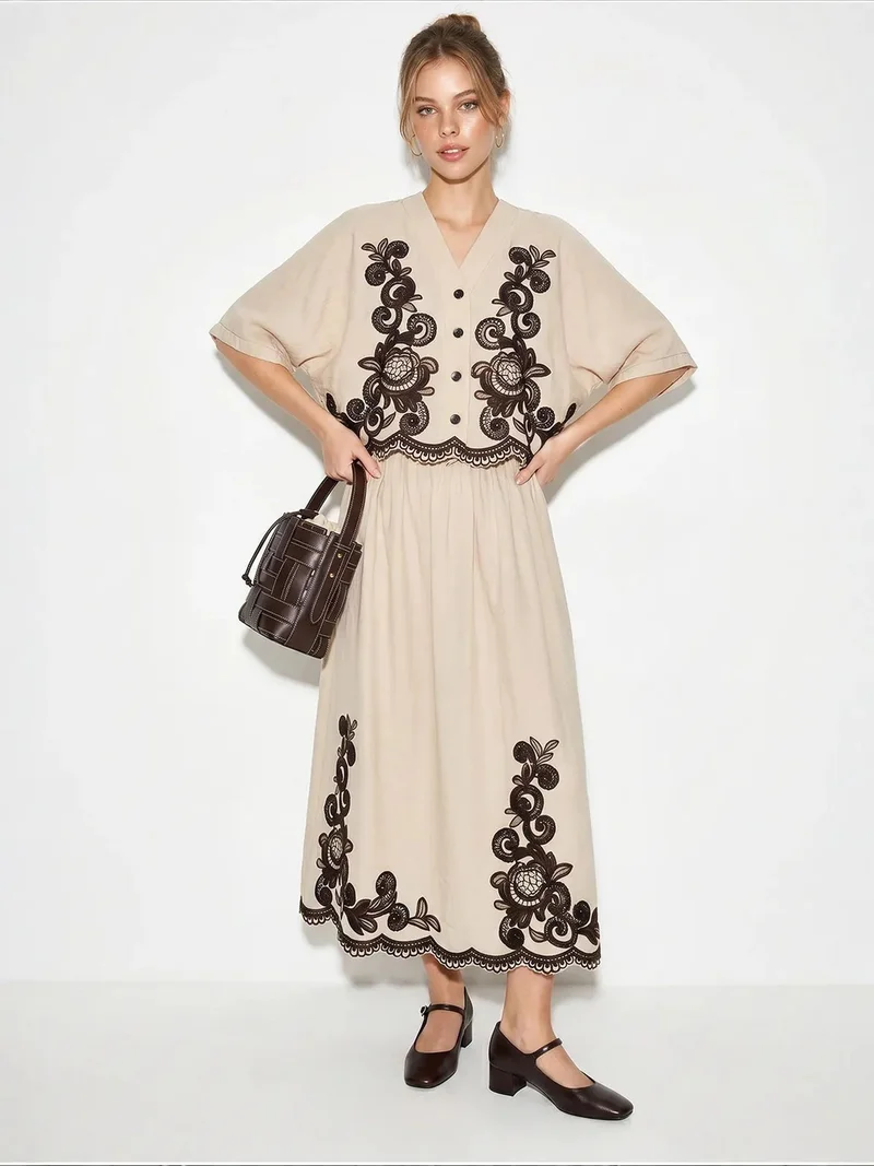Bianco Lucci Beige Natural LUCCI Oversized V-neck Embroidered 3/4 Sleeve Shirt and Wide Leg Pants Set for Women | Best Price UAE
