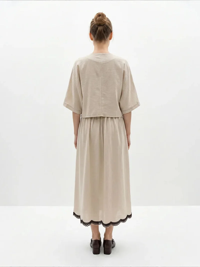Bianco Lucci Beige Natural LUCCI Oversized V-neck Embroidered 3/4 Sleeve Shirt and Wide Leg Pants Set for Women | Best Price UAE