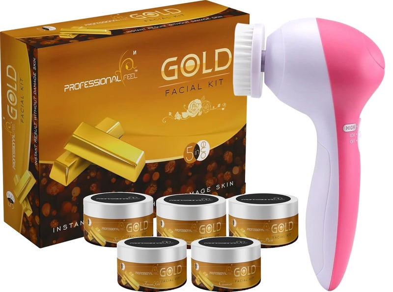 professional feel Professional Feel Gold Lotus Facial Kit With 5 in 1 Face Massager Set of 6 250 gm Gold Facial With Massager  - Image 1