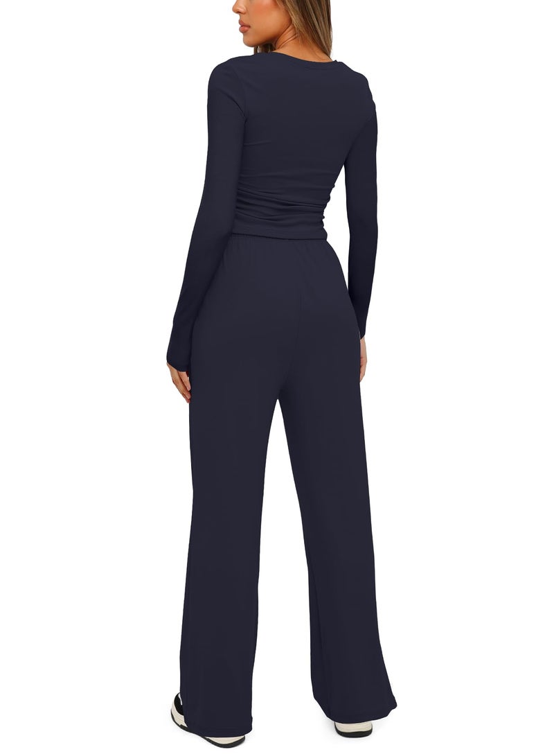 Darong Two Piece Sets for Women Fall Outfits Lounge Sets Crew Neck Tops Wide Leg Pants Vacation Travel Outfits 9065A Dark Blue L - Image 2