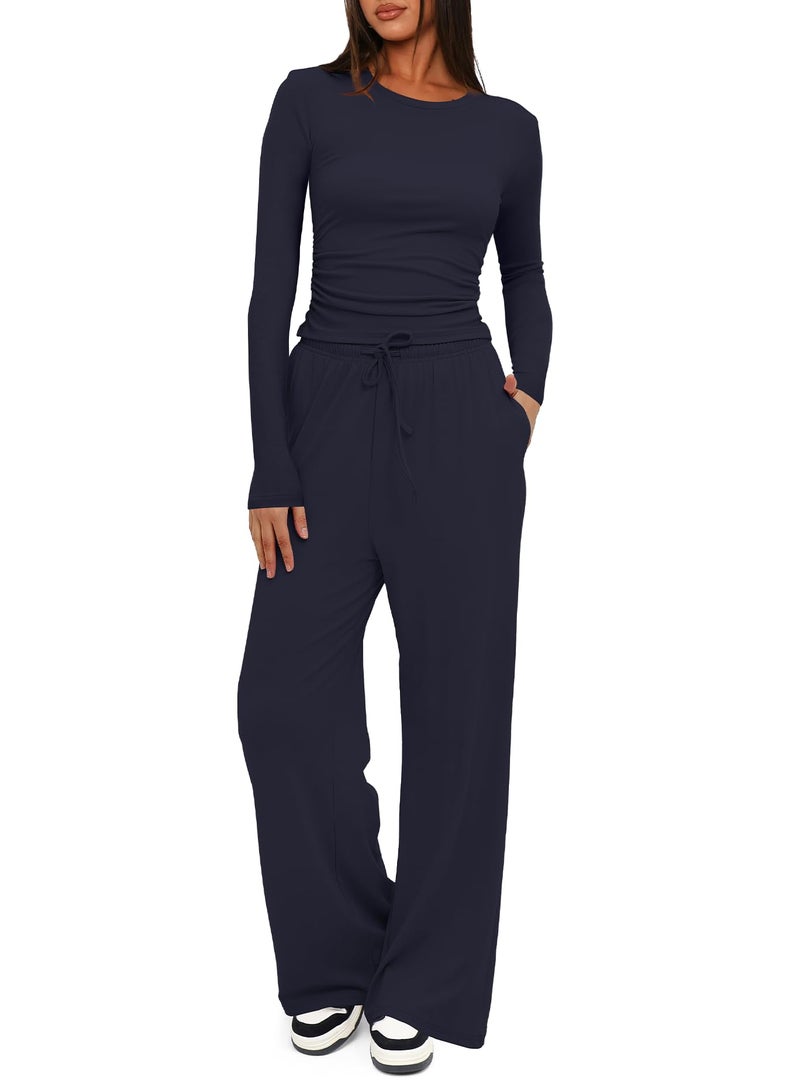 Darong Two Piece Sets for Women Fall Outfits Lounge Sets Crew Neck Tops Wide Leg Pants Vacation Travel Outfits 9065A Dark Blue L - Image 1