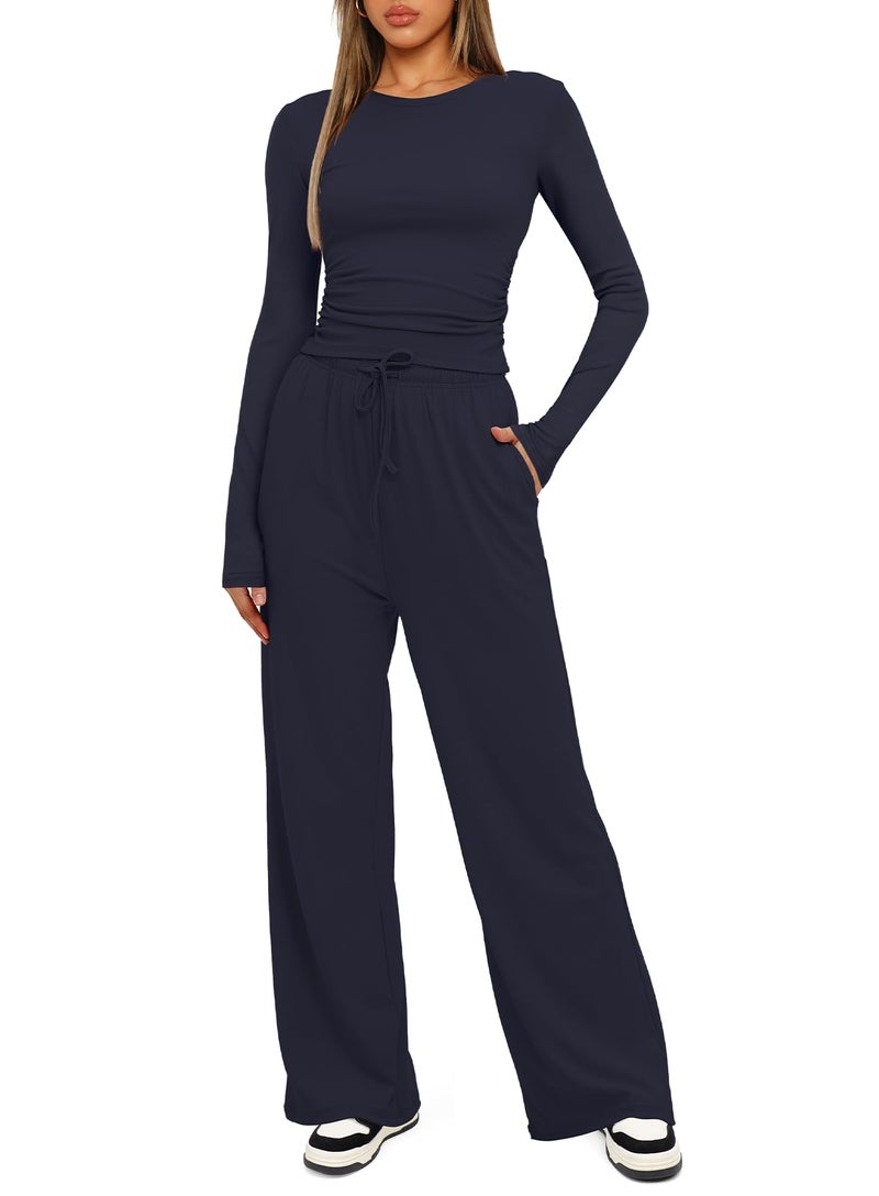 Darong Two Piece Sets for Women Fall Outfits Lounge Sets Crew Neck Tops Wide Leg Pants Vacation Travel Outfits 9065A Dark Blue L - Image 3