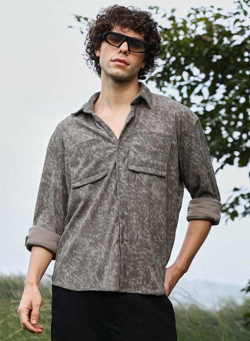 Campus Sutra Men's Ash Grey Faded Corduroy Oversized Shirt  - Image 1