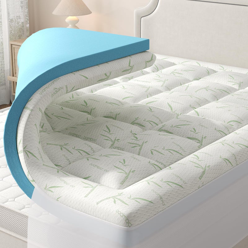 DUMOS Dual Layer 3 Inch Mattress Topper Queen, Memory Foam Mattress Topper - 2 Inch Gel Memory Foam and 1 Inch Pillow Top Mattress Pad Cover for Back Pain, Thick Soft Topper with 8-21 Inch Deep Pocket - Image 1