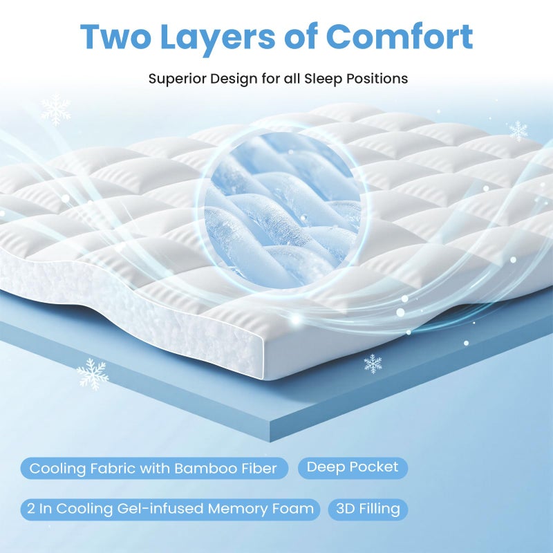 DUMOS Dual Layer 3 Inch Mattress Topper Queen, Memory Foam Mattress Topper - 2 Inch Gel Memory Foam and 1 Inch Pillow Top Mattress Pad Cover for Back Pain, Thick Soft Topper with 8-21 Inch Deep Pocket - Image 2