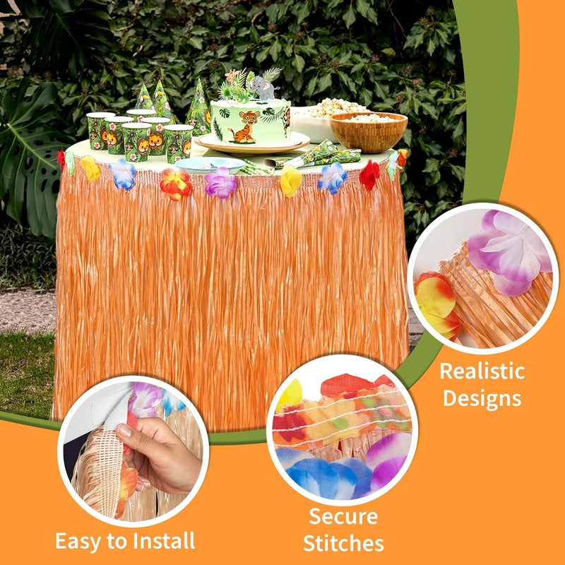 Playbees 2 Pack Luau Grass Table Skirt 9 Feet x 29 Inches Hawaiian Table Skirt for Tropical Hawaiian Party Decorations Luau Party Costume Party, Authentic Island Party Decor with Hibiscus Flowers, - Image 5