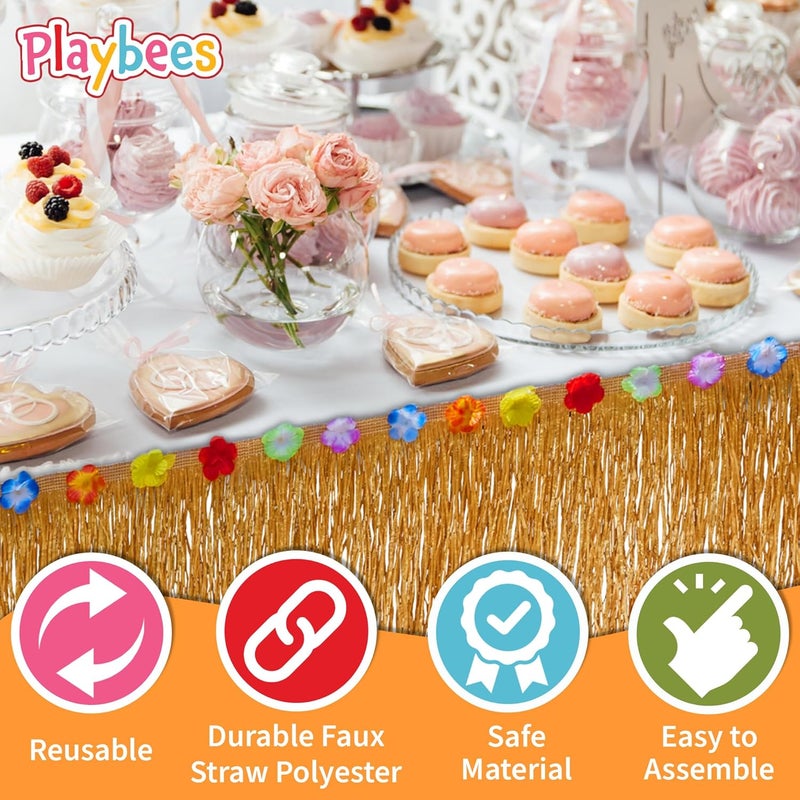 Playbees 2 Pack Luau Grass Table Skirt 9 Feet x 29 Inches Hawaiian Table Skirt for Tropical Hawaiian Party Decorations Luau Party Costume Party, Authentic Island Party Decor with Hibiscus Flowers, - Image 4