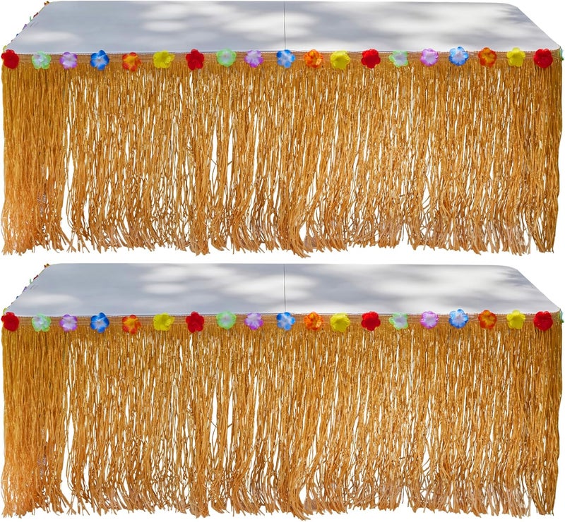 Playbees 2 Pack Luau Grass Table Skirt 9 Feet x 29 Inches Hawaiian Table Skirt for Tropical Hawaiian Party Decorations Luau Party Costume Party, Authentic Island Party Decor with Hibiscus Flowers, - Image 1