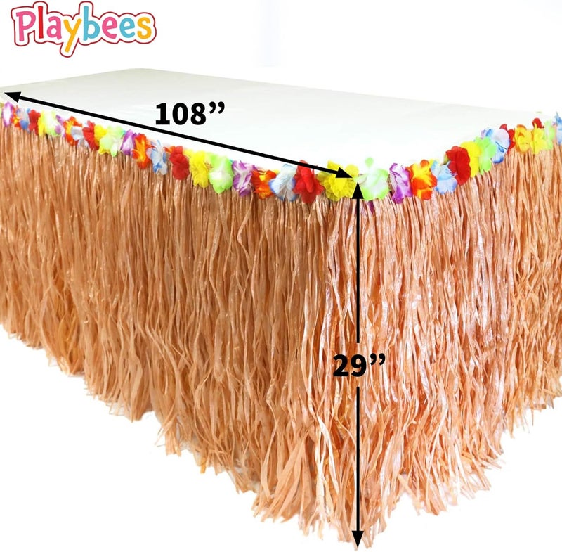 Playbees 2 Pack Luau Grass Table Skirt 9 Feet x 29 Inches Hawaiian Table Skirt for Tropical Hawaiian Party Decorations Luau Party Costume Party, Authentic Island Party Decor with Hibiscus Flowers, - Image 3