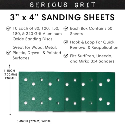 Serious Grit - 3" x 4" 6-Hole Assorted Grit Sanding Sheets - 80, 120, 150, 180, 220 Grit (10 of Each) - Fits Surfprep, Uneeda Ekasand, Mirka DEOS 343 - Sandpaper for 3x4 Sheet Sanders - 50 Pack Box - Image 3