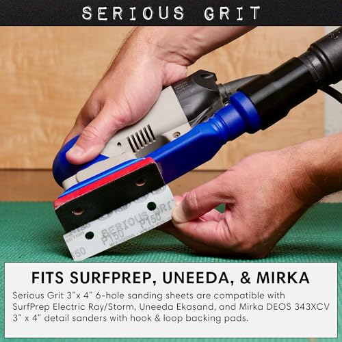 Serious Grit - 3" x 4" 6-Hole Assorted Grit Sanding Sheets - 80, 120, 150, 180, 220 Grit (10 of Each) - Fits Surfprep, Uneeda Ekasand, Mirka DEOS 343 - Sandpaper for 3x4 Sheet Sanders - 50 Pack Box - Image 2