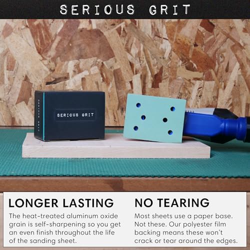 Serious Grit - 3" x 4" 6-Hole Assorted Grit Sanding Sheets - 80, 120, 150, 180, 220 Grit (10 of Each) - Fits Surfprep, Uneeda Ekasand, Mirka DEOS 343 - Sandpaper for 3x4 Sheet Sanders - 50 Pack Box - Image 5