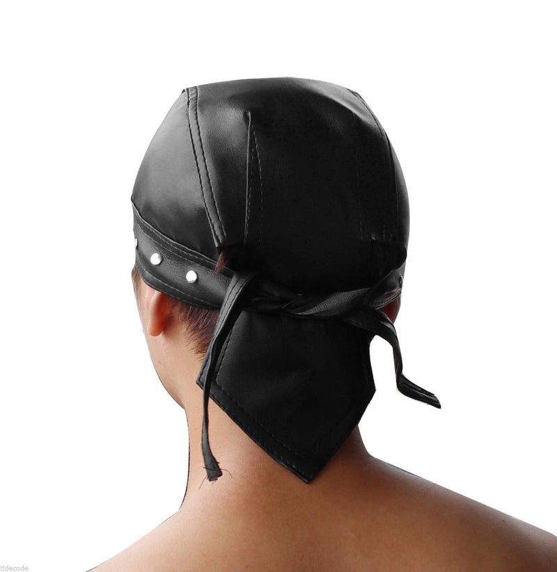 ESYTCH ASDICOXB Cycling Bandana Doo Rags Adjustable Skull Cap Motorcycle Biker Leather Cap Black (Black) - Image 2