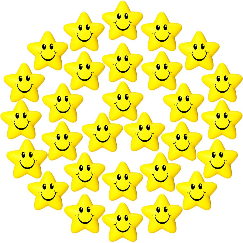Sumind 30 Pcs Star Stress Balls Smile Face Foam Squeeze Balls 216 Inch Foam Squeeze Star for Stress Relief Classroom Carnival Reward Anxiety Fidget Sensory SuppliesYellow - Image 2