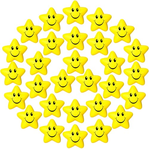 Sumind 30 Pcs Star Stress Balls Smile Face Foam Squeeze Balls 216 Inch Foam Squeeze Star for Stress Relief Classroom Carnival Reward Anxiety Fidget Sensory SuppliesYellow - Image 1