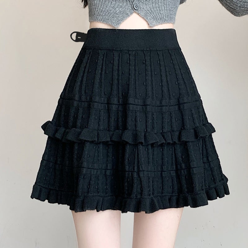 Pregnant Womens Skirt Spring and Autumn Cake Skirt Wool Knitted Autumn and Winter Wear Age-reducing All-match A- shaped Wood-ear Skirt Black