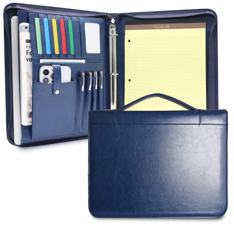 FORTAVEM Faux Leather Portfolio with Handle, 3-Ring Padfolio Organizer for 13.9-Inch Laptop/Tablet, A4 Legal Pad Holder, Multi-Pocket Business Folder for Work, Office, Meetings & Daily Commute (Blue) - Image 1