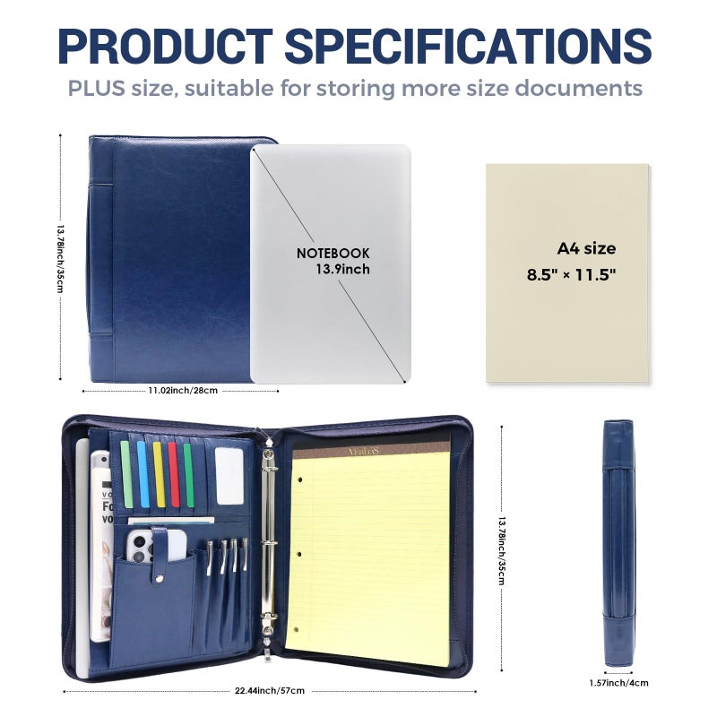 FORTAVEM Faux Leather Portfolio with Handle, 3-Ring Padfolio Organizer for 13.9-Inch Laptop/Tablet, A4 Legal Pad Holder, Multi-Pocket Business Folder for Work, Office, Meetings & Daily Commute (Blue) - Image 4