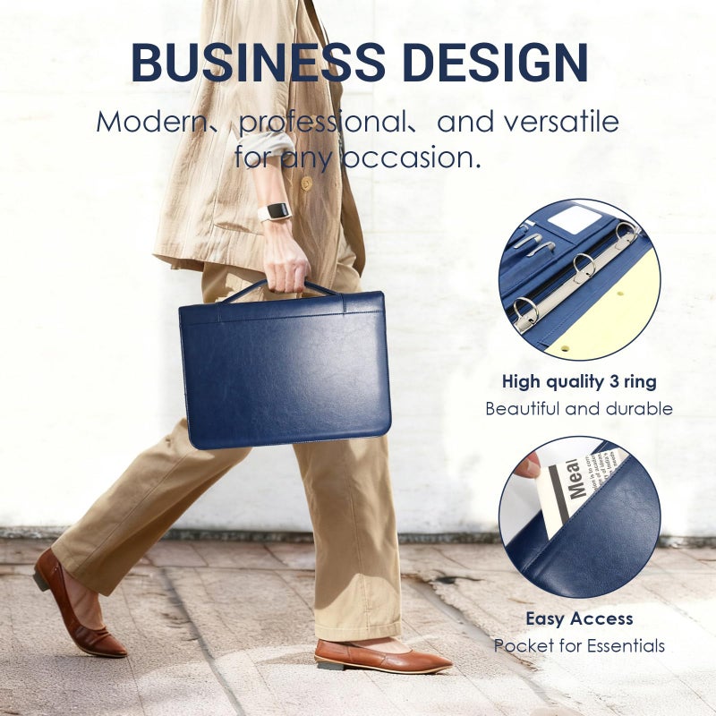 FORTAVEM Faux Leather Portfolio with Handle, 3-Ring Padfolio Organizer for 13.9-Inch Laptop/Tablet, A4 Legal Pad Holder, Multi-Pocket Business Folder for Work, Office, Meetings & Daily Commute (Blue) - Image 2