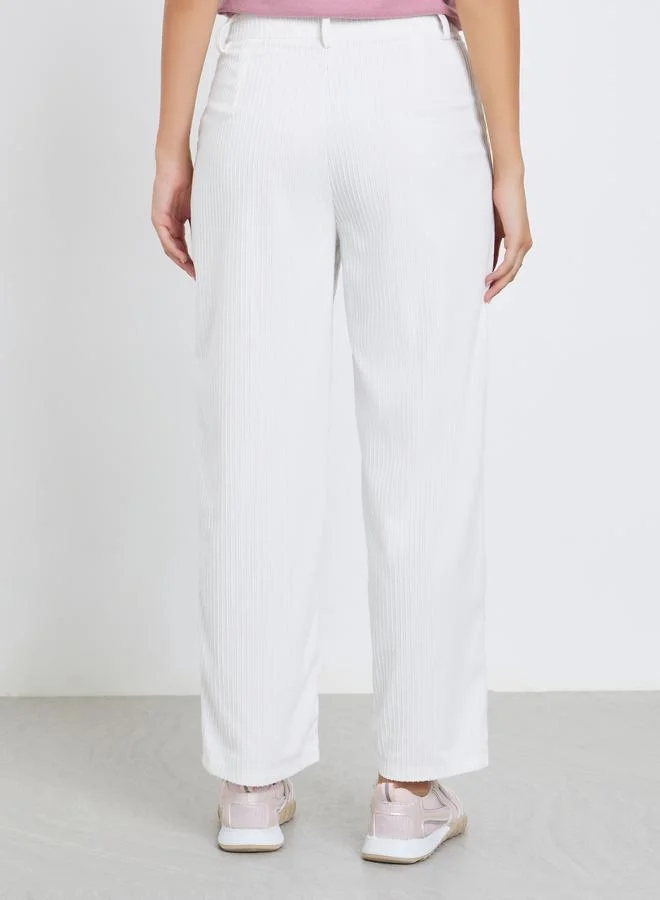 Take Two Women White Textured Straight Leg Pants with Belt Loops