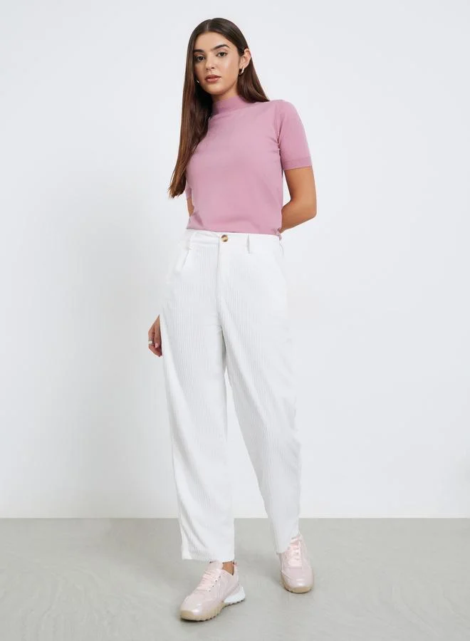 Take Two Women White Textured Straight Leg Pants with Belt Loops