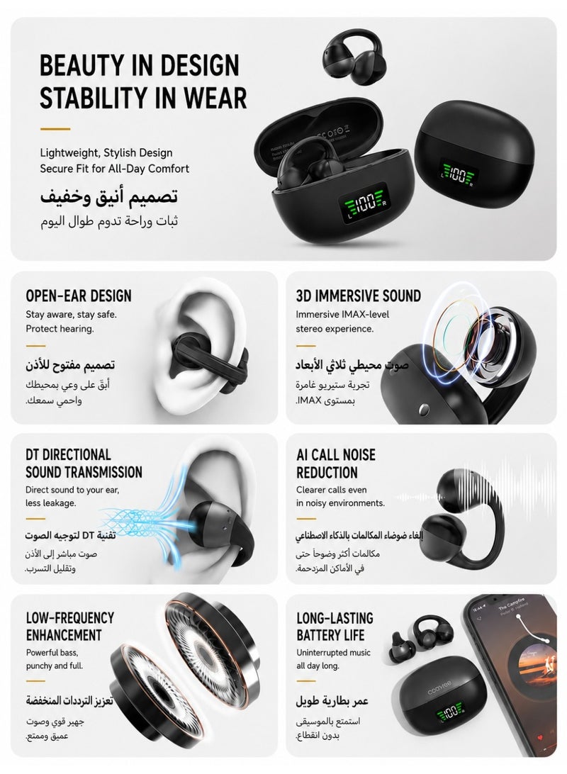 Cooyee سماعات أذن لاسلكية بتصميم مشبك، بلوتوث 6.0، مفتوحة الأذن، للرياضة والعمل والاستخدام اليومي - Image 5