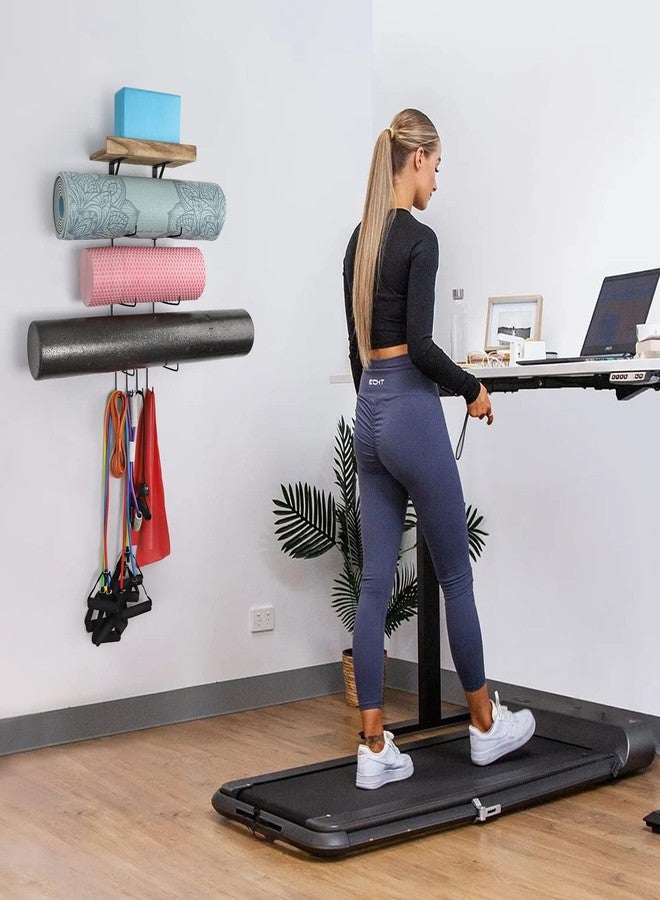 VINAEMO Yoga Mat Holder Accessories Wall Mount Organizer Storage Decor Foam Roller and Towel Storage Rack with 4 Hooks and Wooden Shelves Yoga Mats Rack Block Resistance Bands for Home Gym School - Image 5